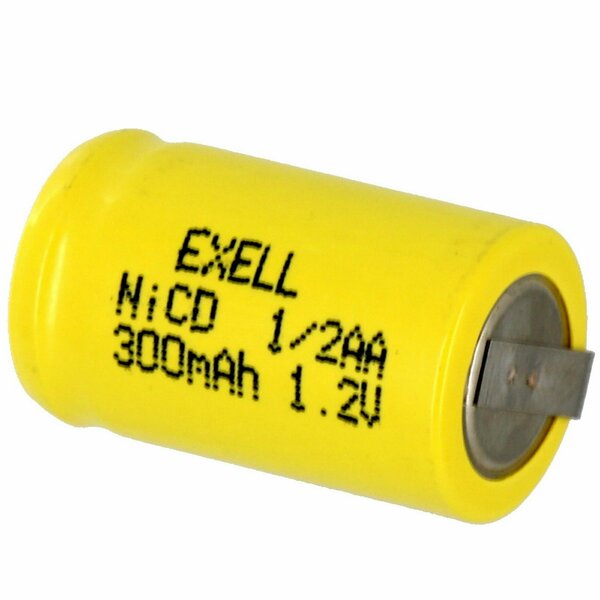 Exell Battery 1/2AA NiCD 300mAh 1.2V Flat top Rechargeable Battery with Tabs EBC-305-1